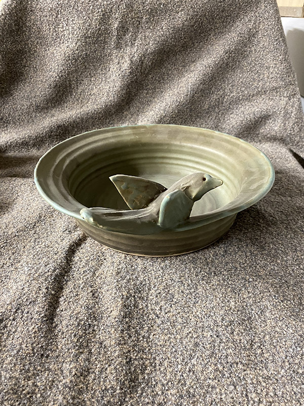 Green brown bird watering bowl