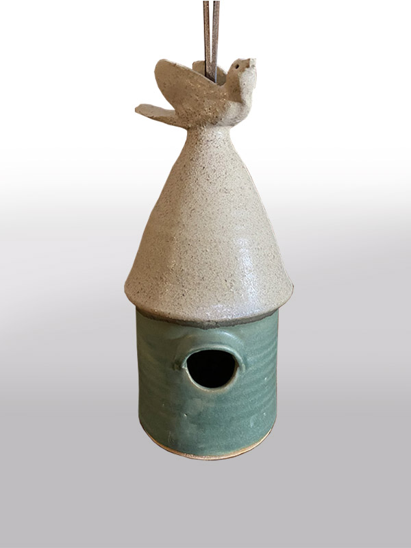 Tan and Green Stoneware Birdhouse